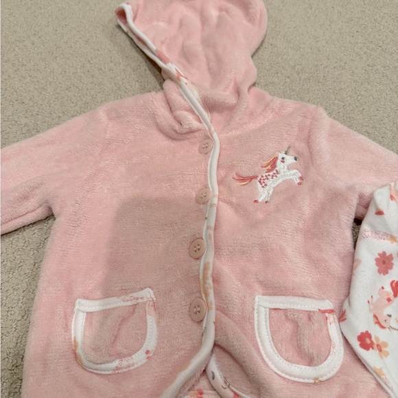 CJP Baby Pink Hoodie Jacket, Pink Unicorn Long Sleeve Onesie, & Grey Pants - Picture 3 of 3